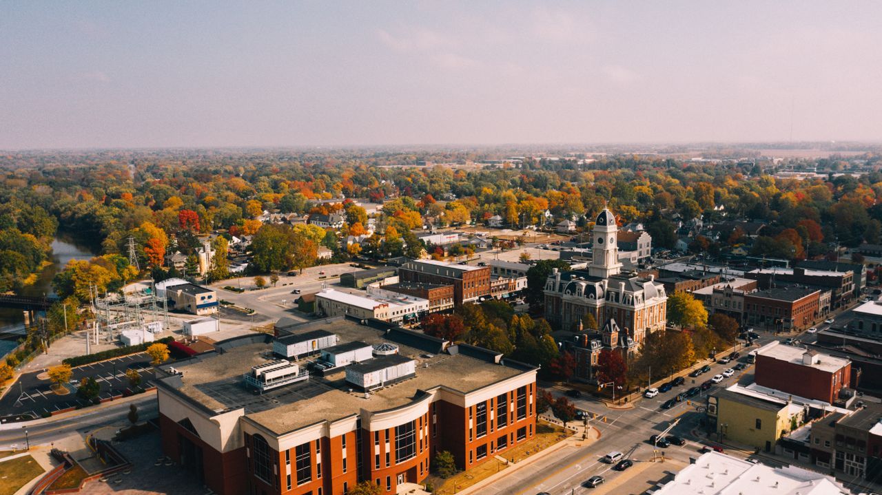 small_town_indiana Downtown Noblesville, Indiana, is home to the Hamilton County courthouse. Places like these are where community-focused franchises like Perkins thrive.
